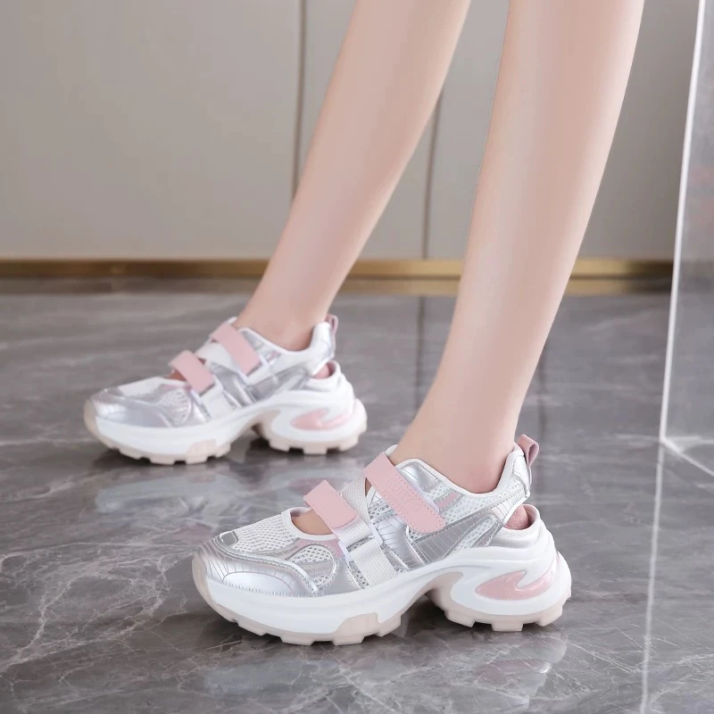 A133 59001厚底镂空网面透气老爹鞋女2025夏季新款魔术贴运动凉鞋