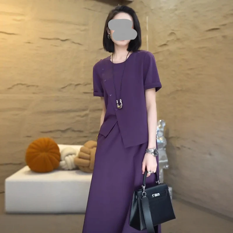 大码女装2025夏季新款胖女生休闲巨显瘦遮肚短袖T恤半身裙两件套