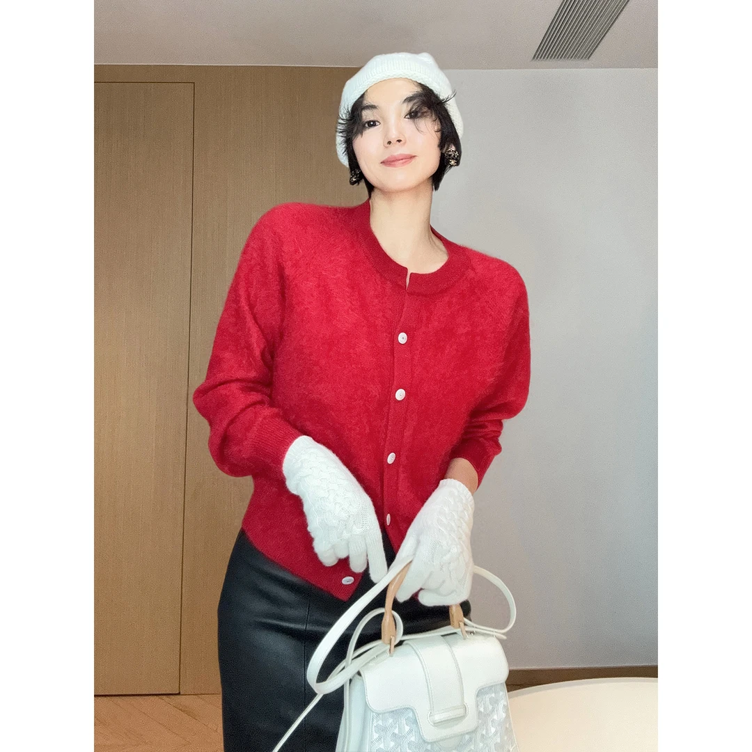 Daily romance25肤感天花板辣椒红圆领拉绒开衫外套