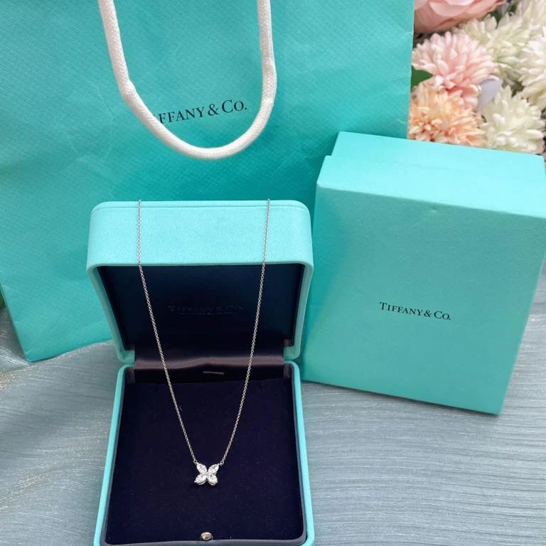 99新 Tiffany & Co./蒂芙尼 小花钻石四叶草白金满钻项链