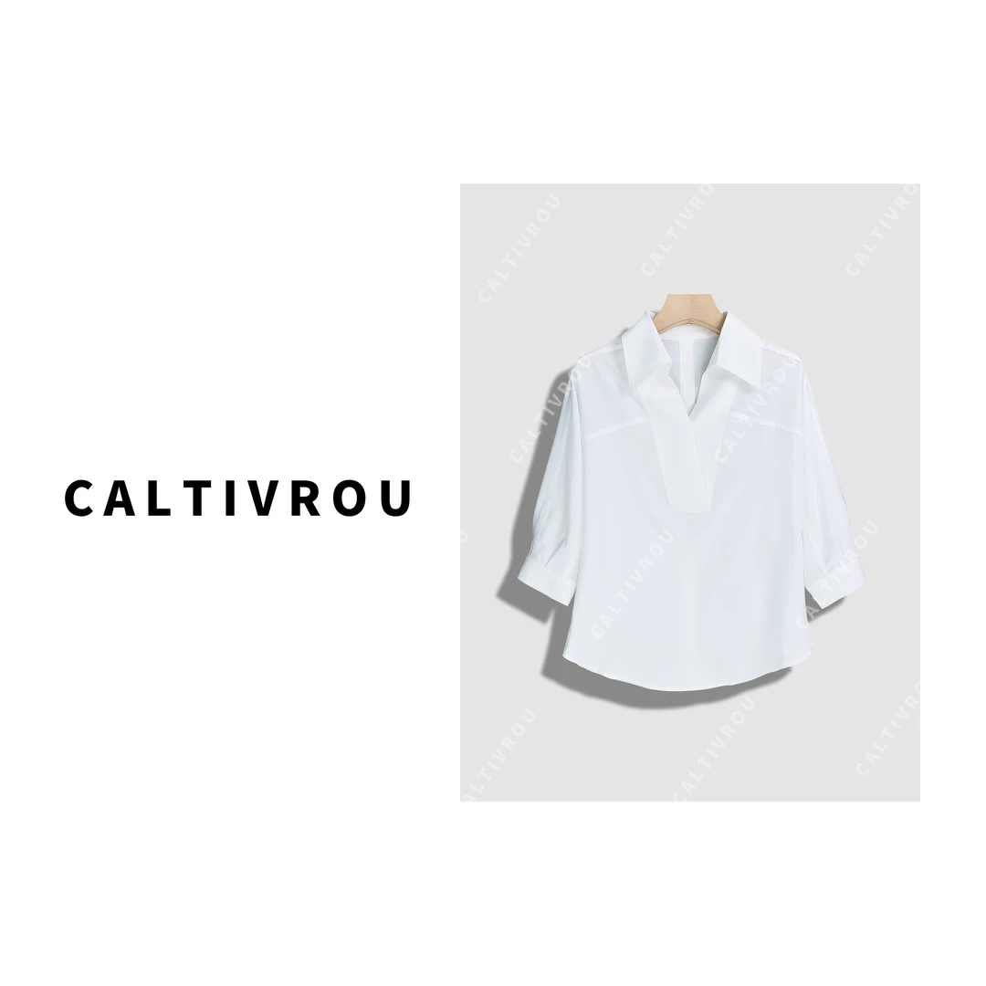 Caltivrou气质极简风高级感V领短袖衬衫-Y16516