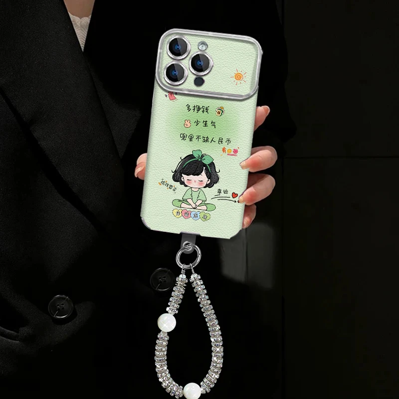 适用【苹果/oppo/华为/vivo/小米】多挣钱绿贴皮电镀大视窗手机壳女