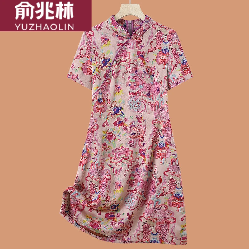 俞兆林小个子妈妈夏装新中式连衣裙盘扣改良旗袍裙中老年女短袖国