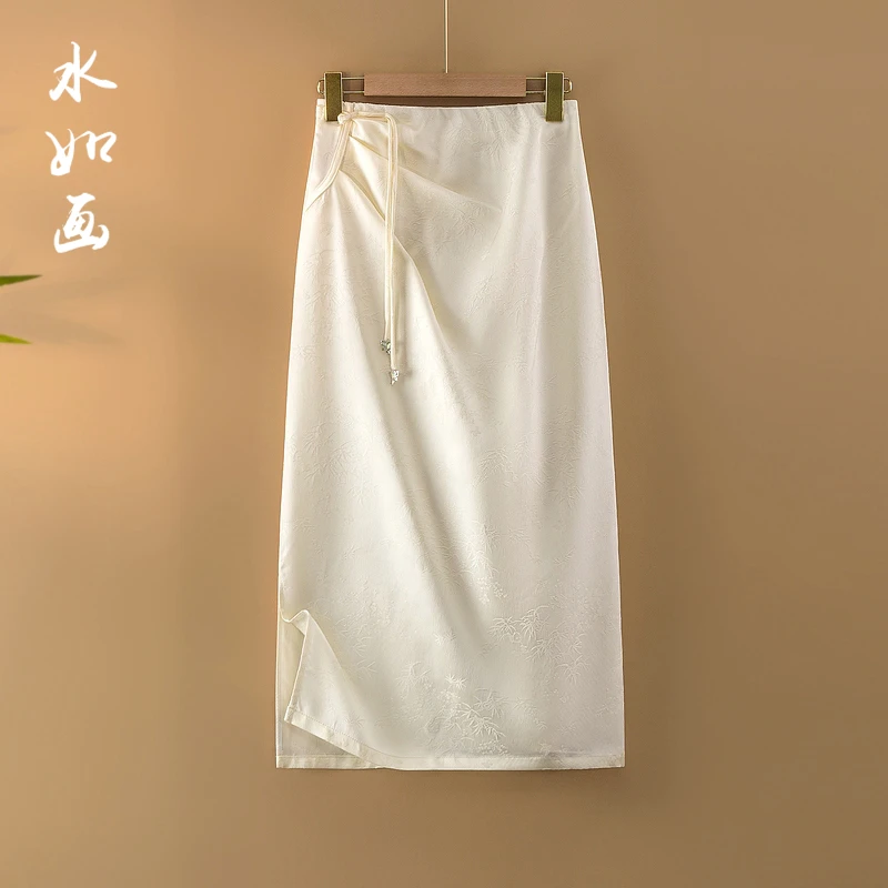 【竹萦】2025新款春夏季松紧腰A字裙女装新中式国风宽松提花半身裙