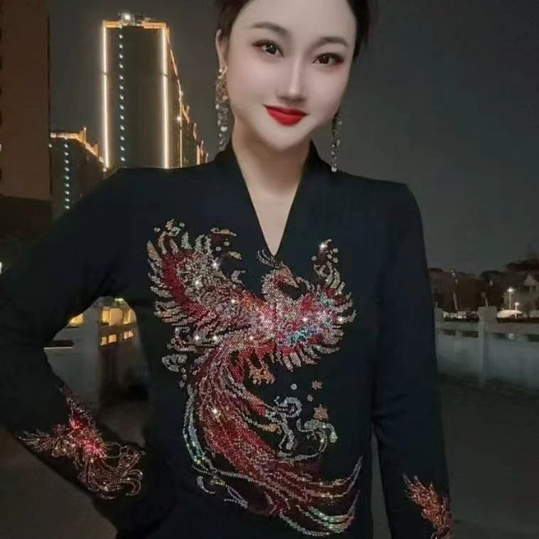 【18#火凤凰】半高领打底衫女内搭秋冬新款时尚烫钻上衣修身显瘦