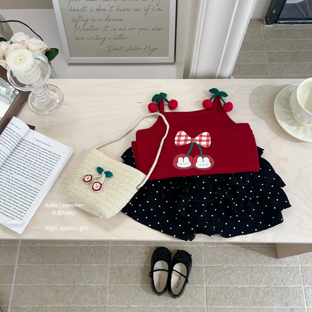 现【乐恩baby】夏季女童可爱卡通印花无袖上衣波点蝴蝶结花苞裤套装