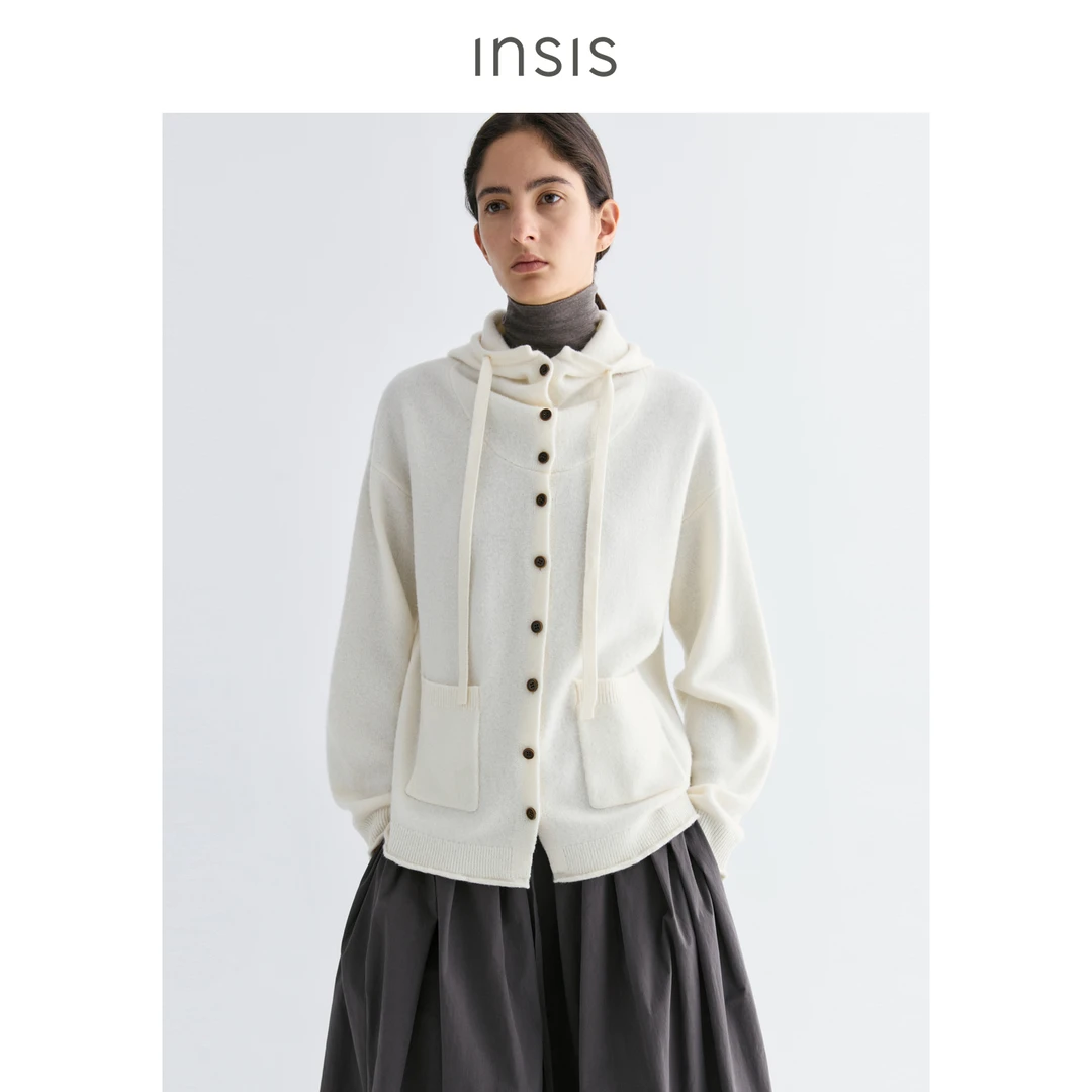 INSIS FEMME【博主专享】绵羊毛文艺简约堆堆领针织连帽宽松外套