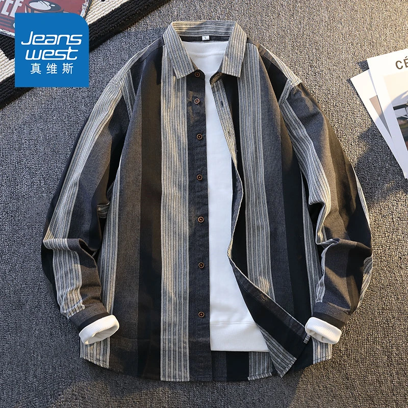 Jeanswest/真维斯春季新款日系纹理条纹寸衫高级感长袖衬衫外套男