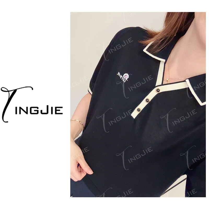 100%莱塞尔~线下同款~刺绣POLO领短袖上衣针织上衣女B2615