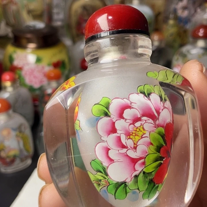 用***0有机玻璃内画鼻烟壶坛子户牡丹