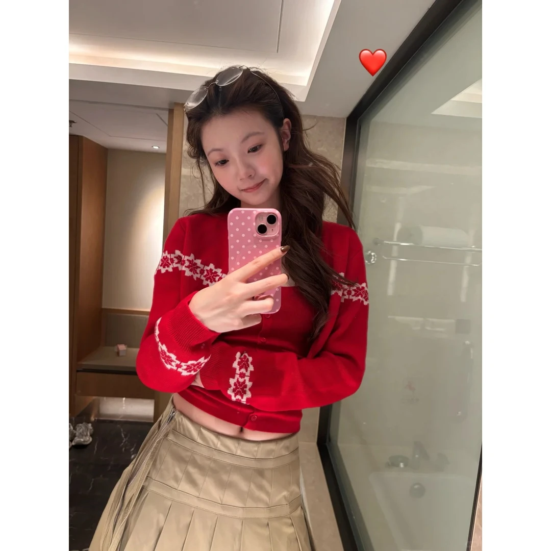 圣诞穿搭费尔岛红色针织开衫披肩叠穿背心女秋冬高级感毛衣两件套