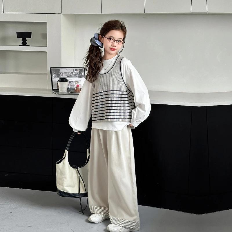 女童春装套装2025新款洋气初中生大童时髦春秋款儿童条纹三件套潮