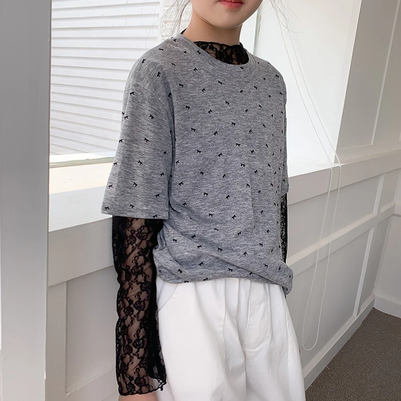 【嗲嗲】西西家女童2025春季新款网纱蕾丝打底衫儿童长袖T恤JX356