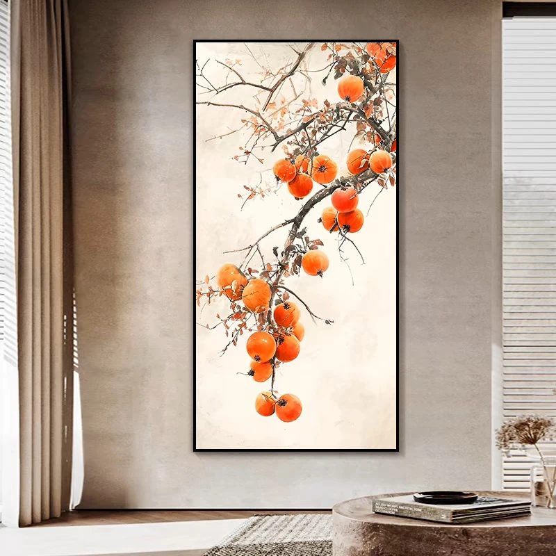 新中式柿子高级感柿柿如意装饰画入户玄关客厅水果砂岩画