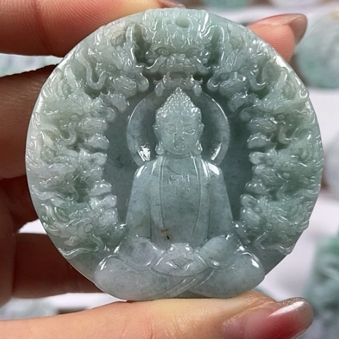 翡翠颈饰未镶嵌九龙大日如来两面工洒黄翡福利