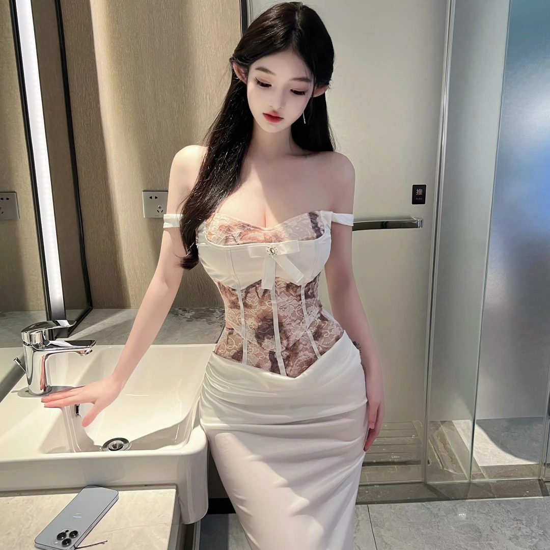 法式高级感生日礼服裙套装蕾丝碎花鱼骨吊带背心缎面半身裙两件套