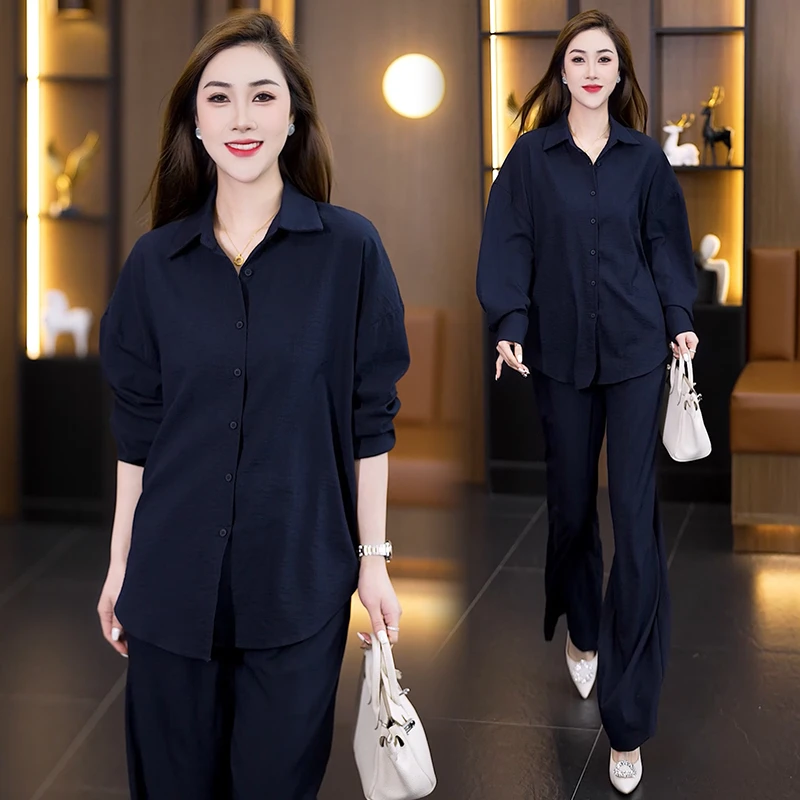 2025春夏新款大码女装休闲衬衫洋气套装时尚宽松遮肉显瘦两件套