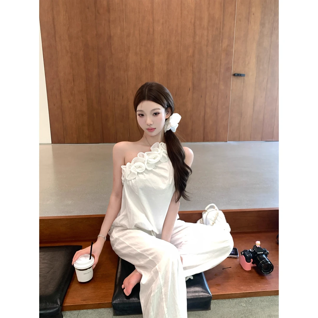 背心女夏季小众花苞无袖法式立体花朵设计感斜肩别致独特小上衣