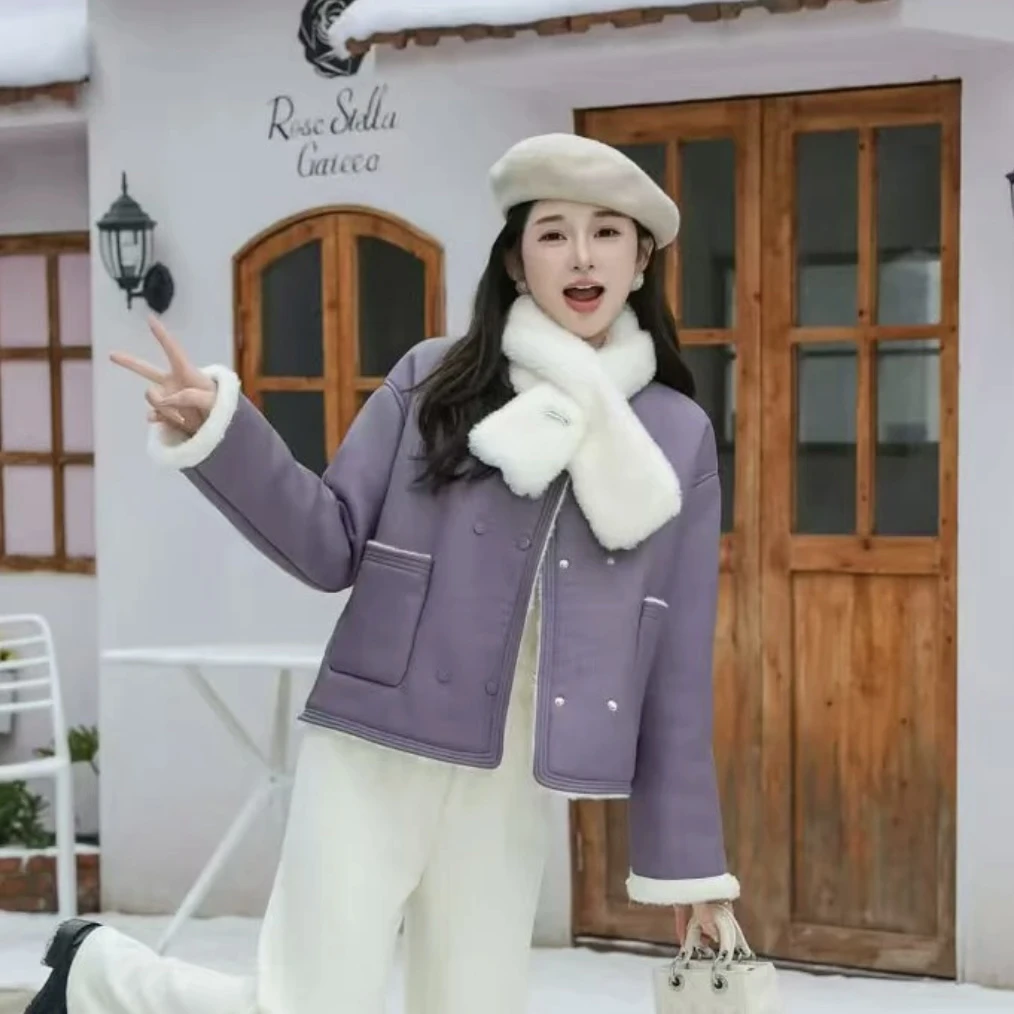 配围脖短款圆领外套保暖毛毛厚棉衣冬日氛围感温柔减龄女紫色上衣