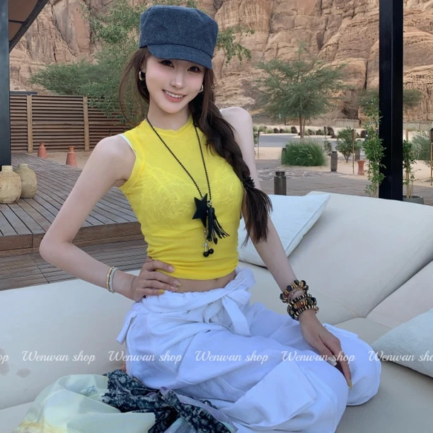 【挖到宝了！】超薄定制透透面料！时髦辣妹休闲无袖辣妹黄色背心