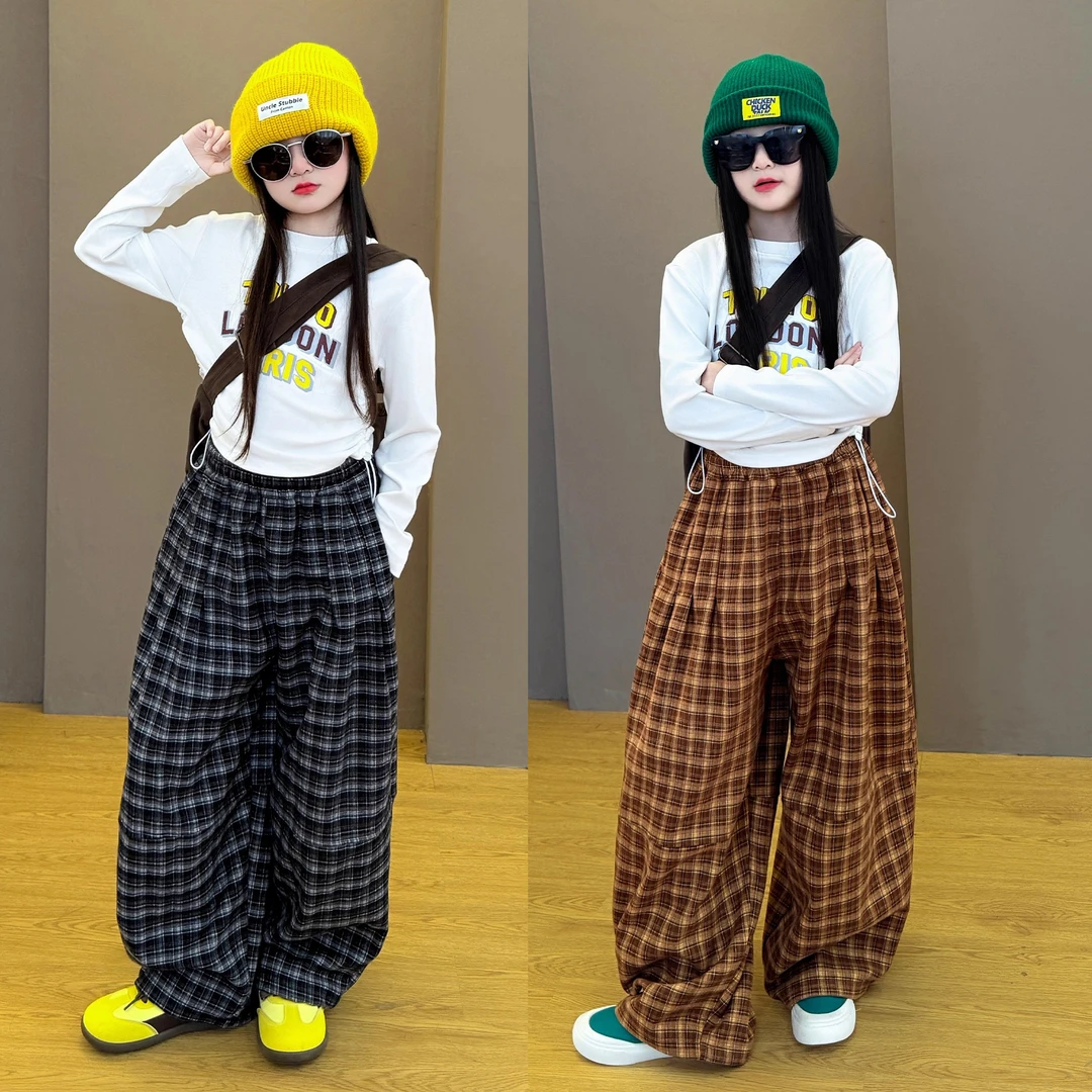 女童2025新款韩版时尚潮范休闲宽松卫衣格子阔腿裤春秋季两件套潮