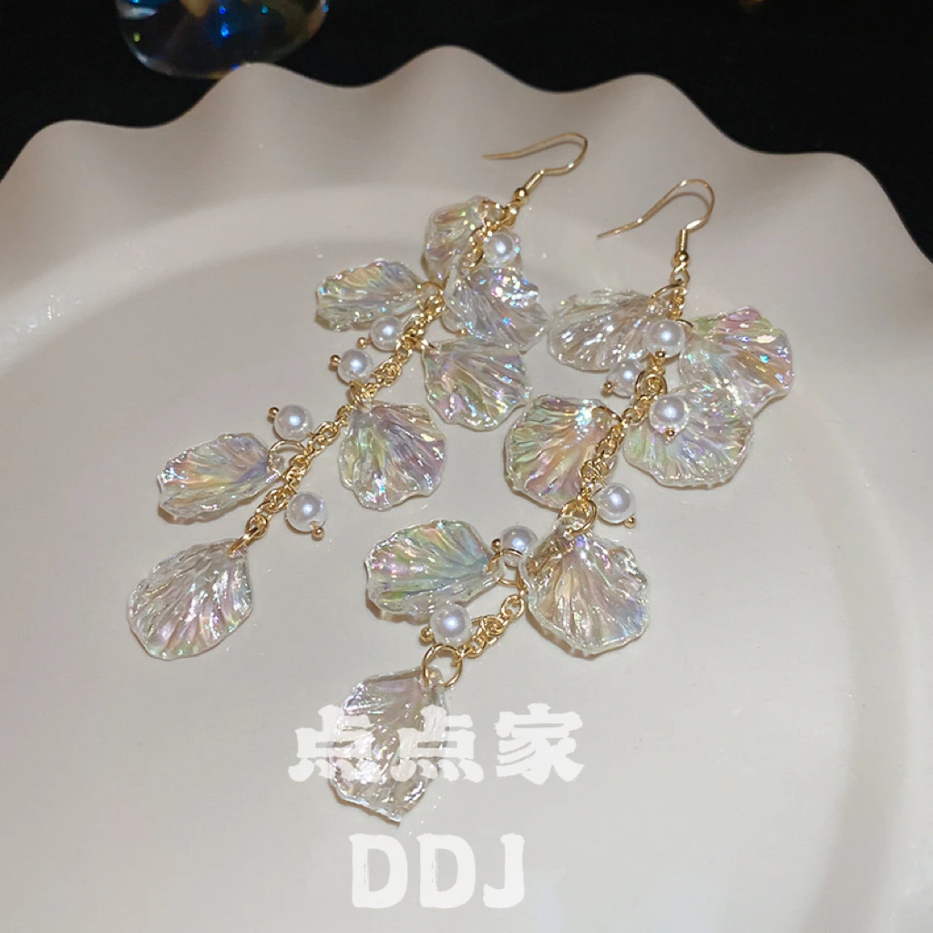 铜合金树脂耳饰 E-424甜美温柔个性长款流苏贝壳花耳环