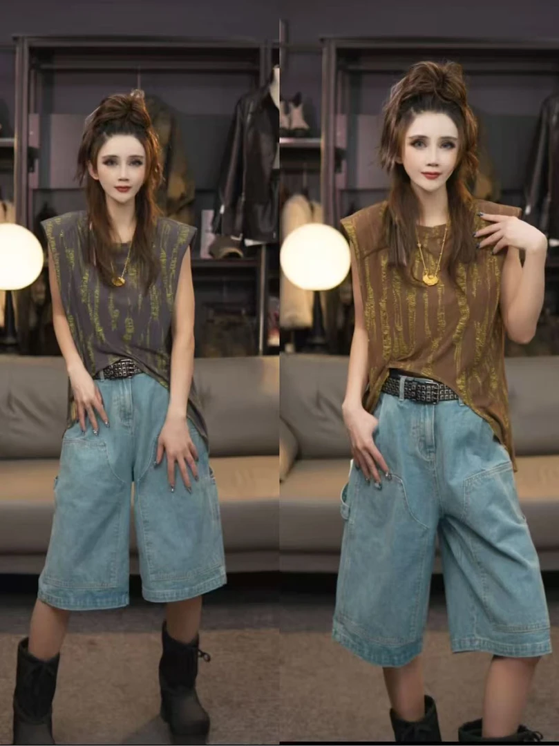 韩系重工轻奢破烂面料包肩不规则t恤2025新款ins潮牌嘻哈摇滚上衣