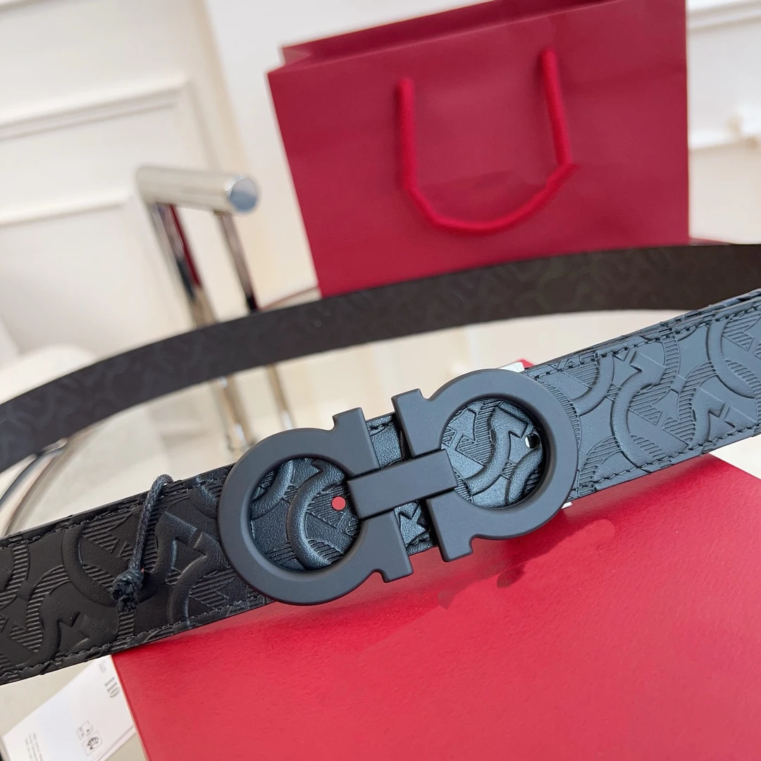 （有字）平面磨砂黑扣黑咖大花条男士皮具皮带腰带