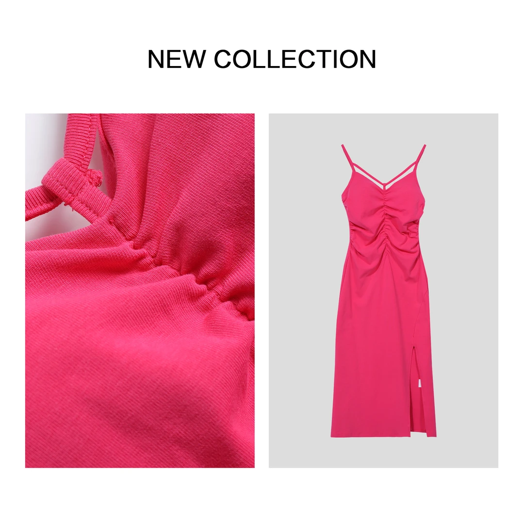 【龙哥专属】L1F27017 粉色V领褶皱设计侧边开叉连衣裙   7017