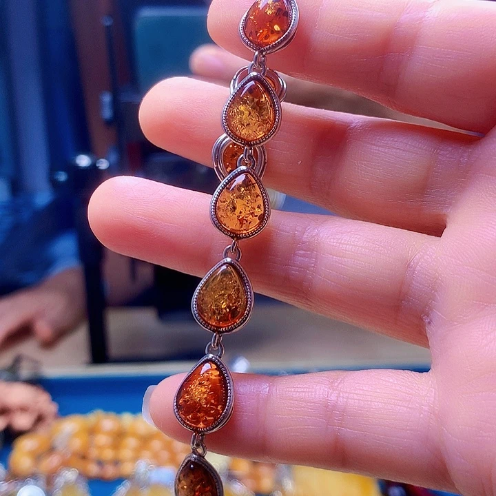 银S925镶嵌琥珀手链波兰设计款琥珀蜜蜡