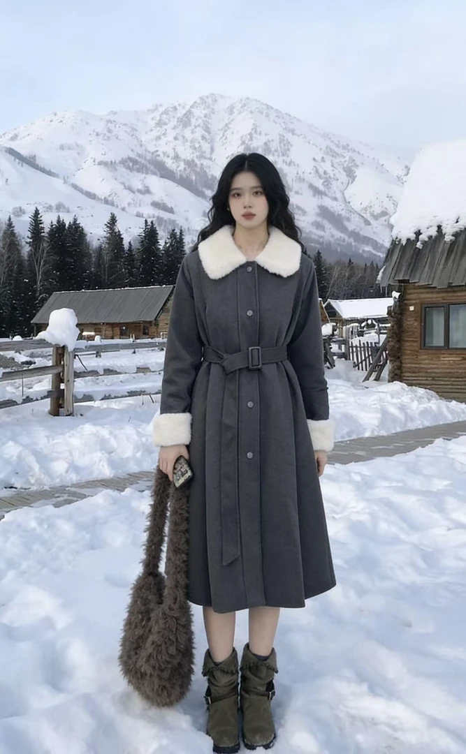 新国标90白鸭绒-保暖必备收腰千金风灰色大衣