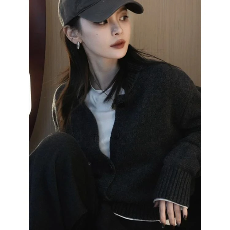 黑色翻领毛衣开衫外套女2025秋季新款爆款气质小香风短款针织上衣