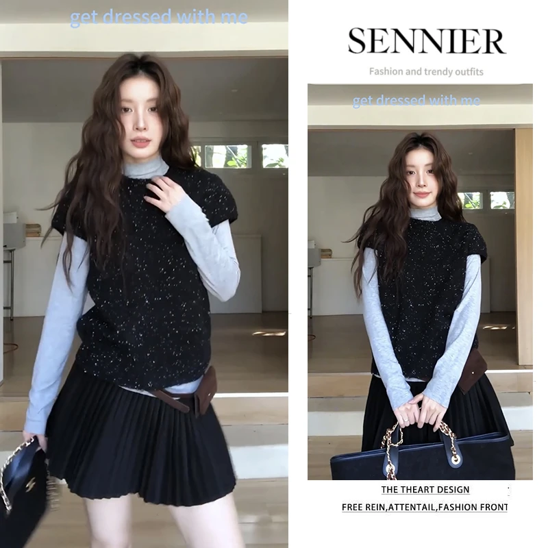 秋季温柔系穿搭女2025新款洋气针织毛衣显瘦百搭打底衫短裙三件套