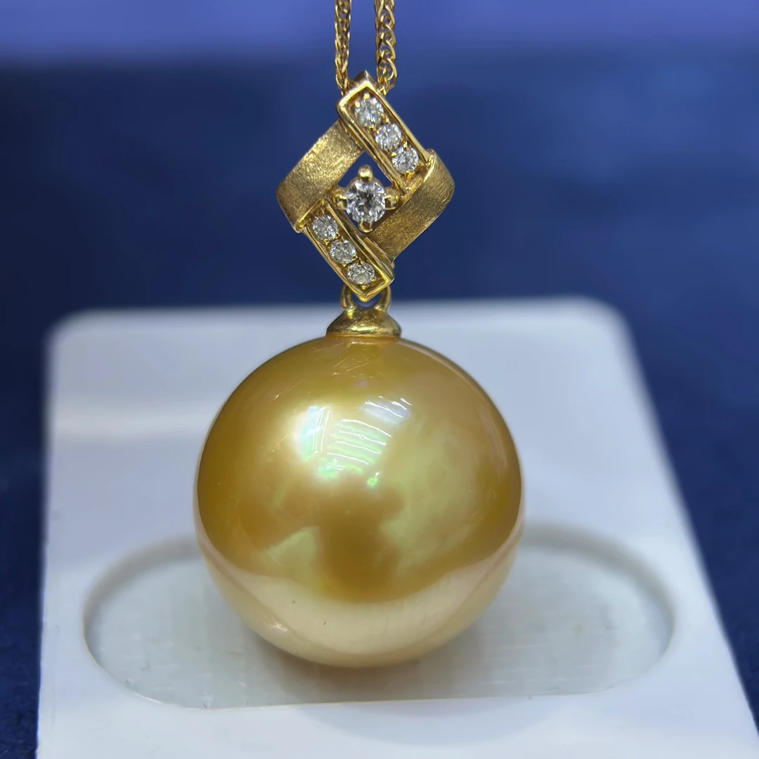 帝王金特浓金❤️18K金钻石14-15mm海水金珠吊坠送银链强光