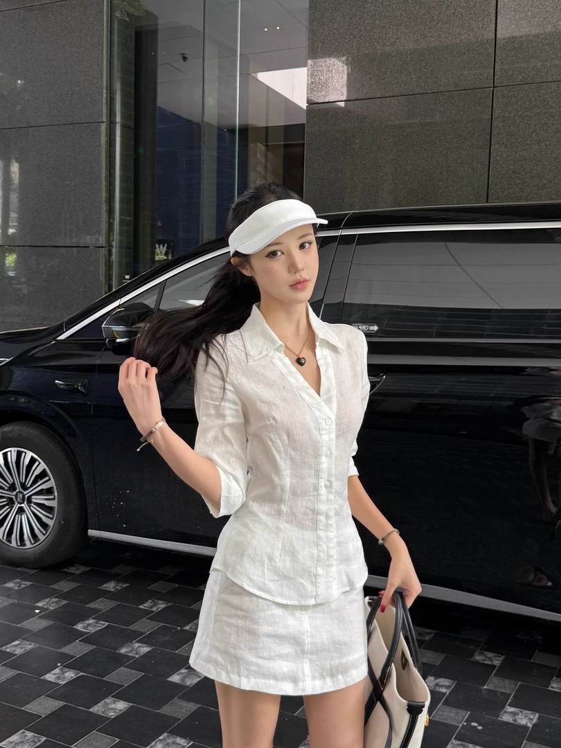 夏季新款智性氧气感亚麻套装气质亚麻衬衫短裙 亚麻衬衫/短裙套组