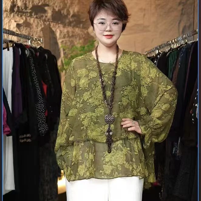 （QQ）139#1851-国风提花春意盎然长袖衬衫-F