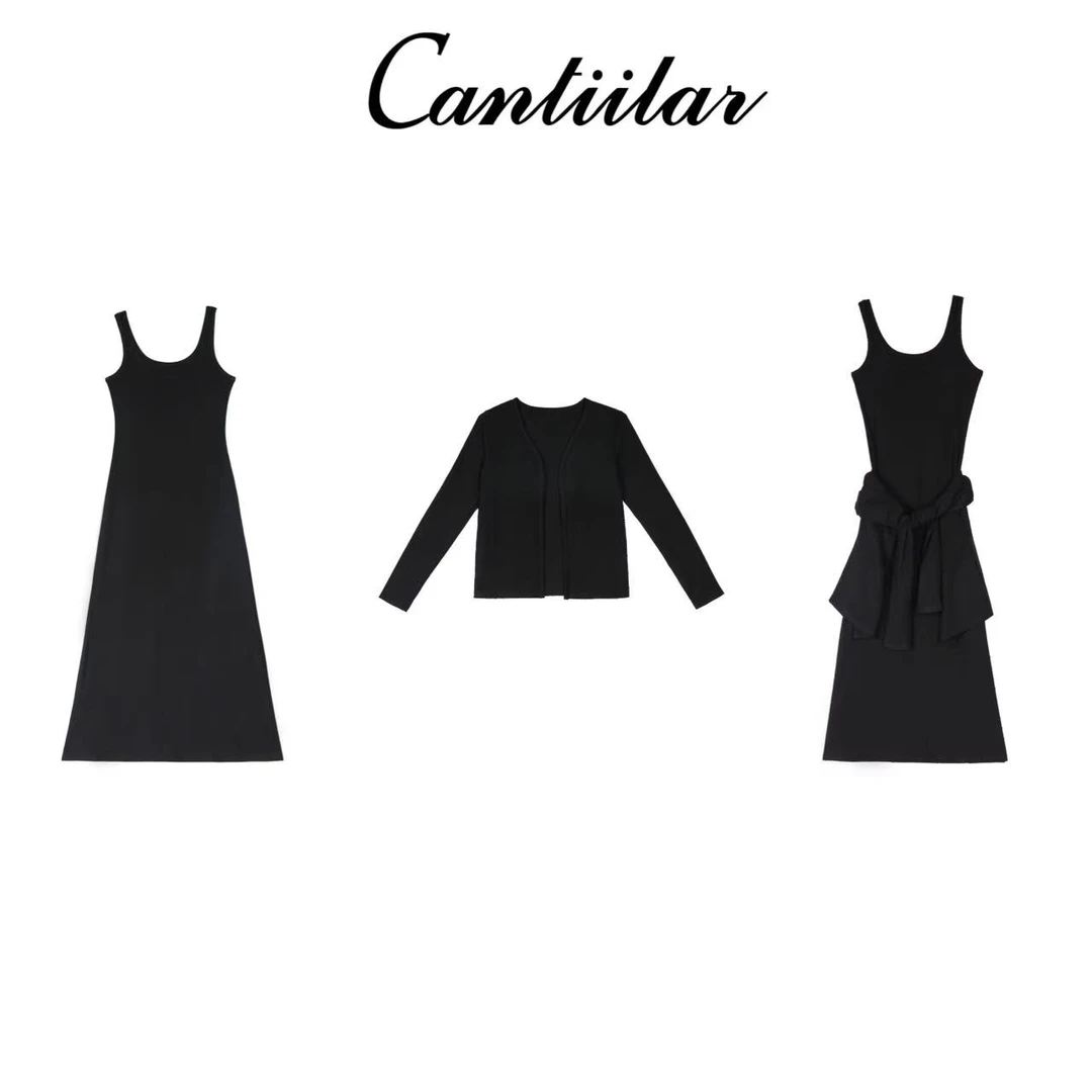CANTIILAR “腰带裙”背心连衣裙➕纯色外搭长袖开衫套装 3157