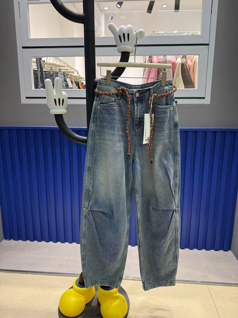 欧洲站BOHAN秀秀家2025春季新品手绘狗狗腰绳直筒牛仔裤欧货潮牌