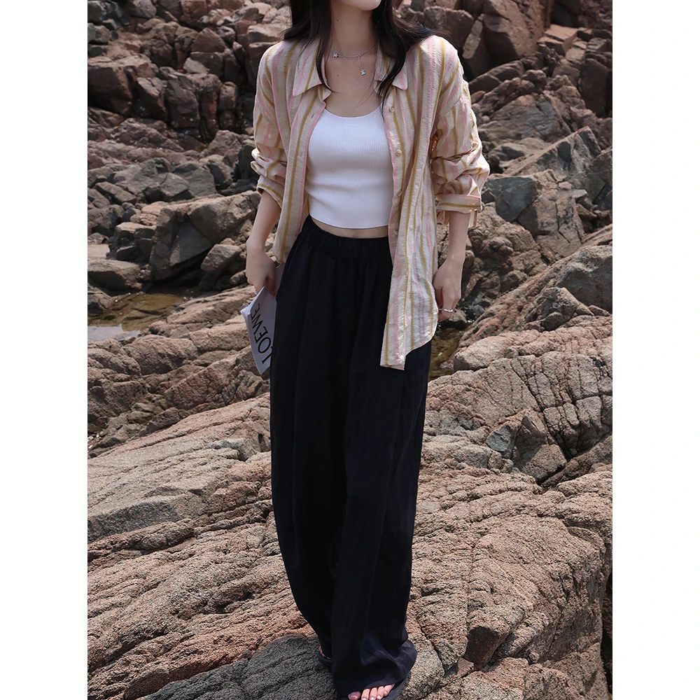 张贝贝ibell薄款宽松阔腿休闲裤女 天丝棉 薄设计感高腰褶皱长裤