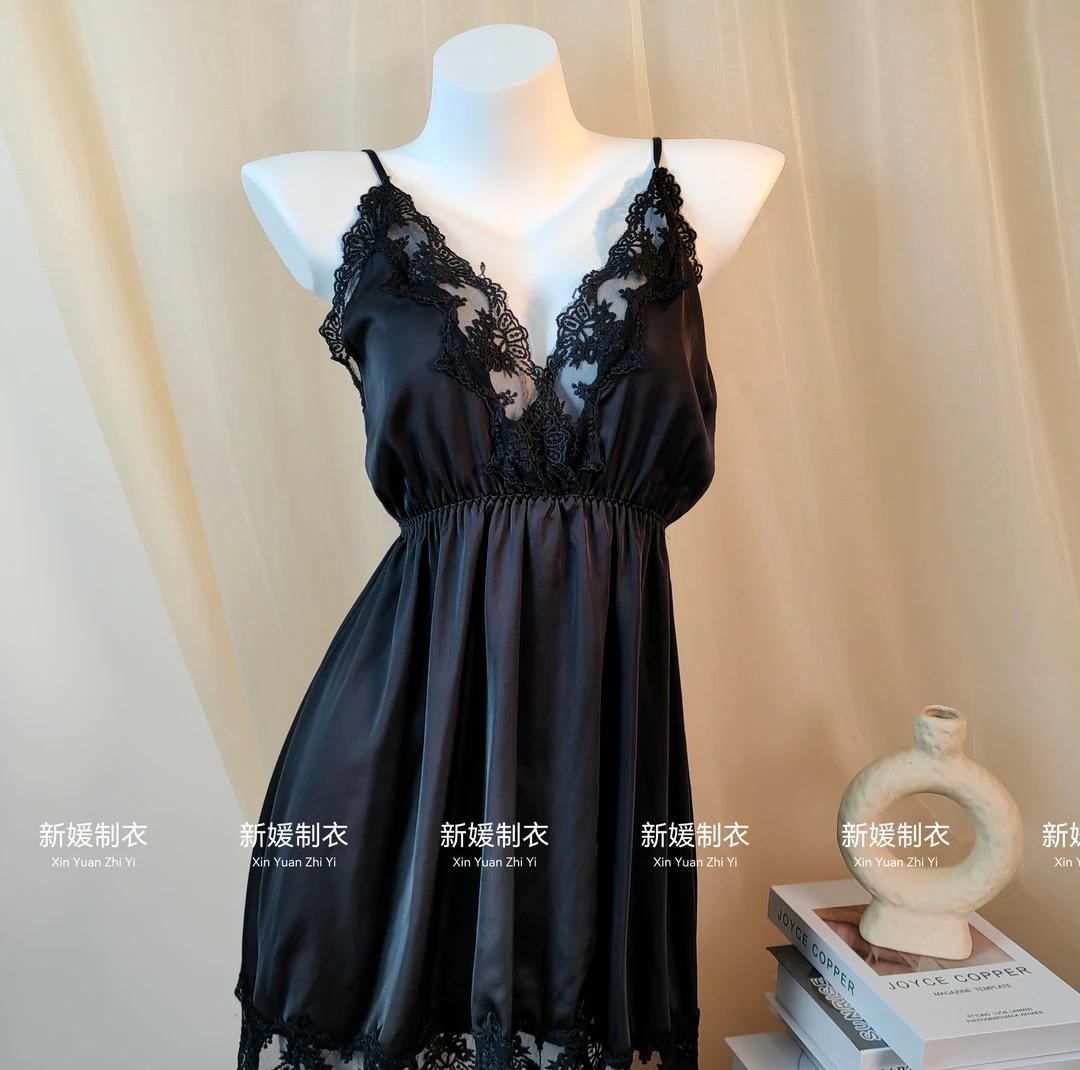 「新媛2号」宽松睡衣质感蕾丝吊带睡裙v领睡袍家居