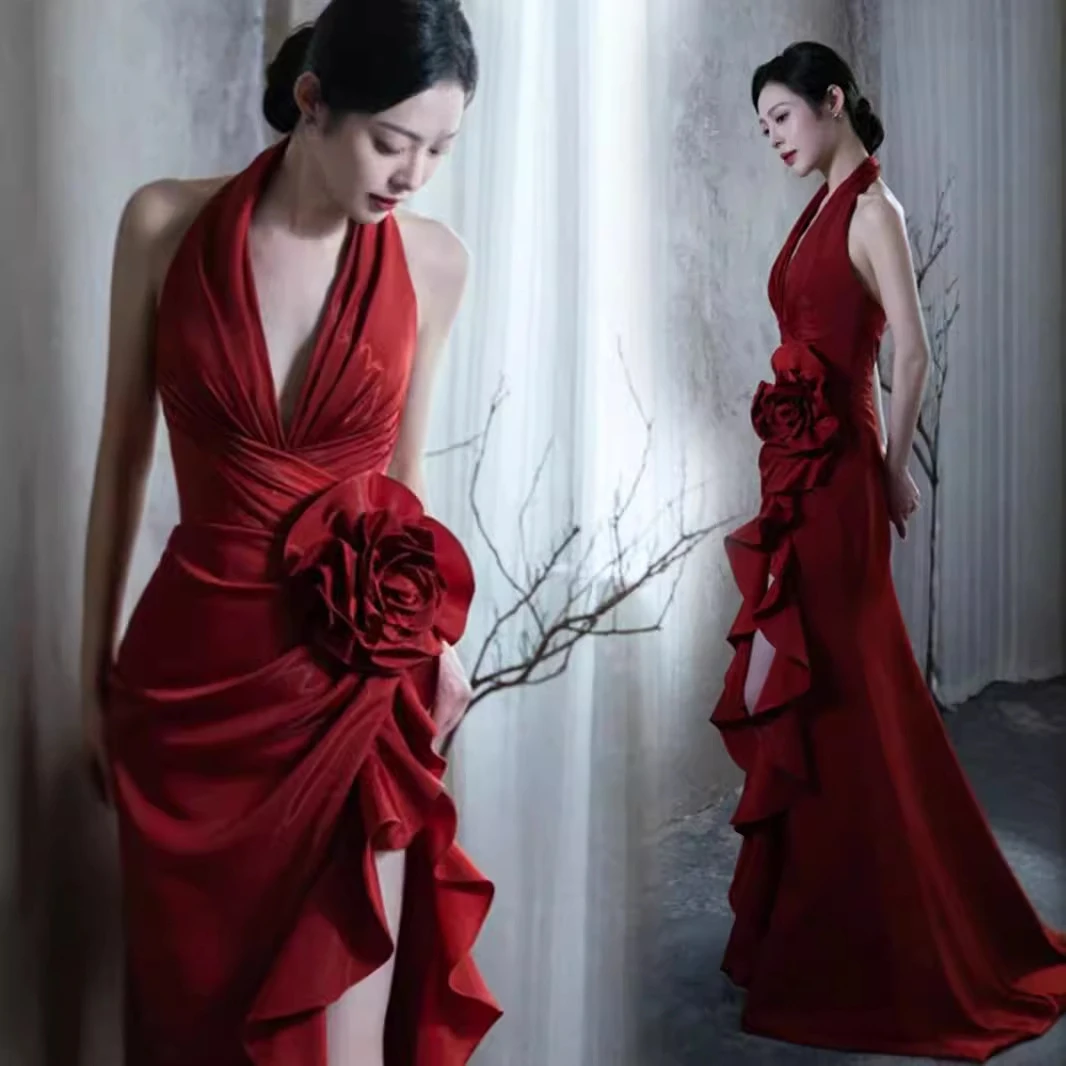 名媛范儿酒红色敬酒服2025款气质高端新娘结婚新款晨袍婚纱晚礼服
