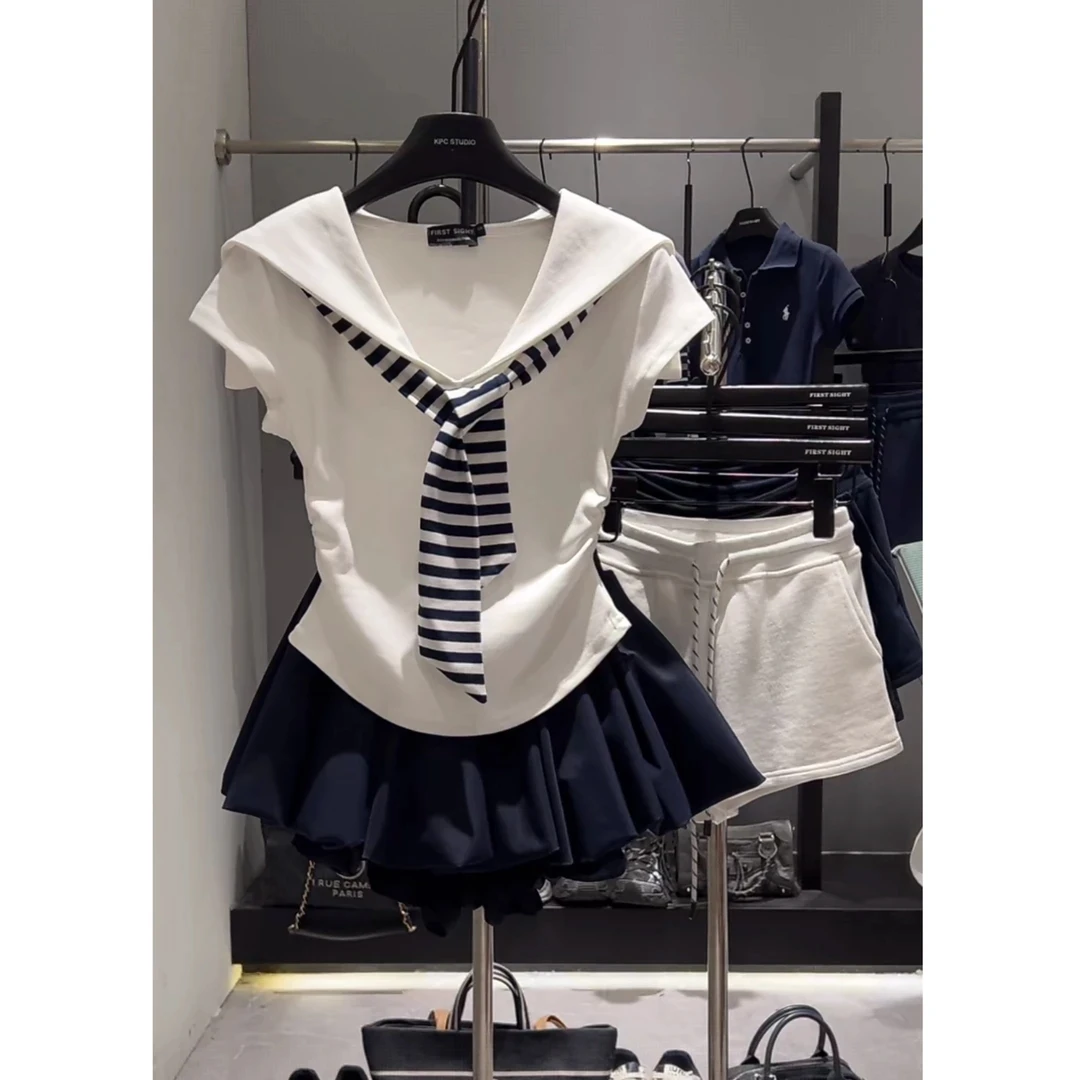 海军领披肩拼接条纹假两件短袖T恤女2025夏季收腰显瘦学院风上衣
