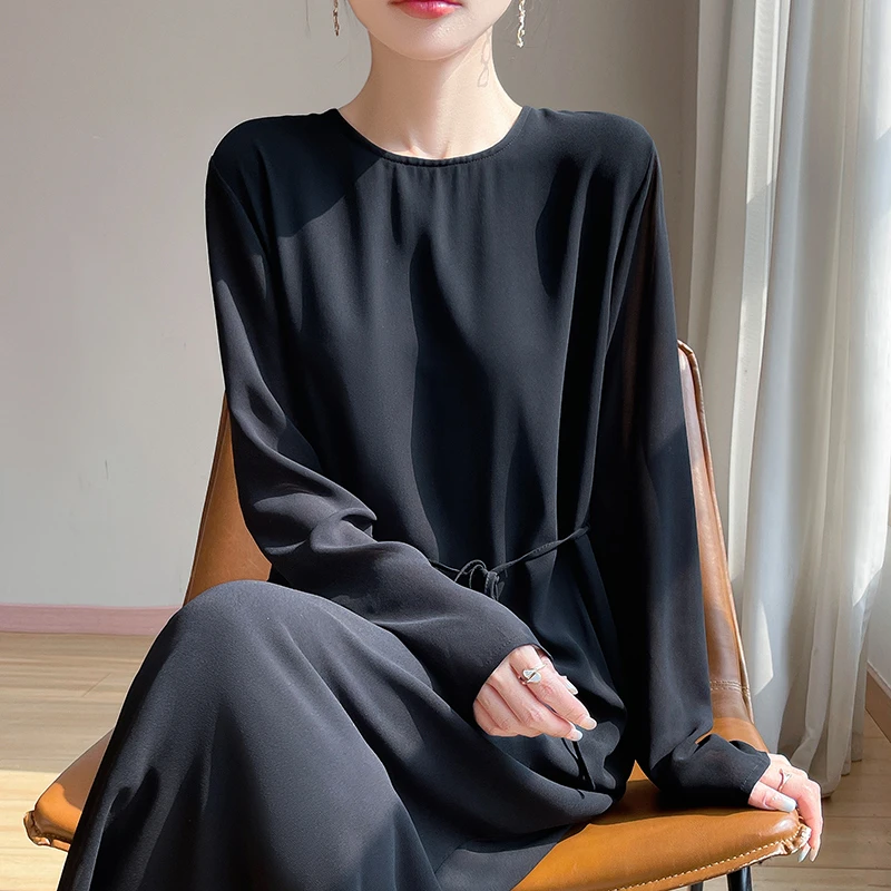 羊范极简圆领纯色乔其纱双层连衣裙女薄款长袖百搭显瘦长款裙子