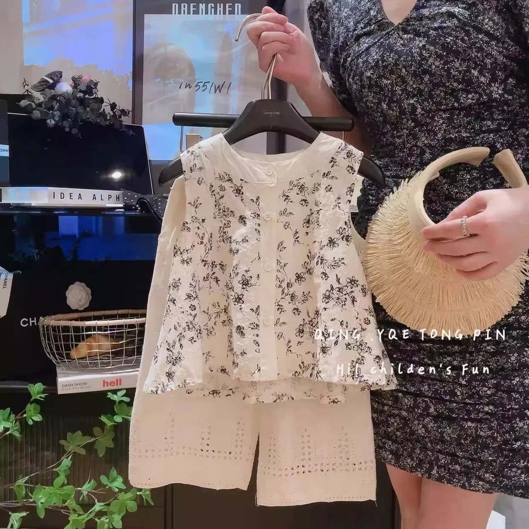 女童夏季田园风碎花背心套装2025新款儿童纯棉衬衣阔腿裤两件套潮