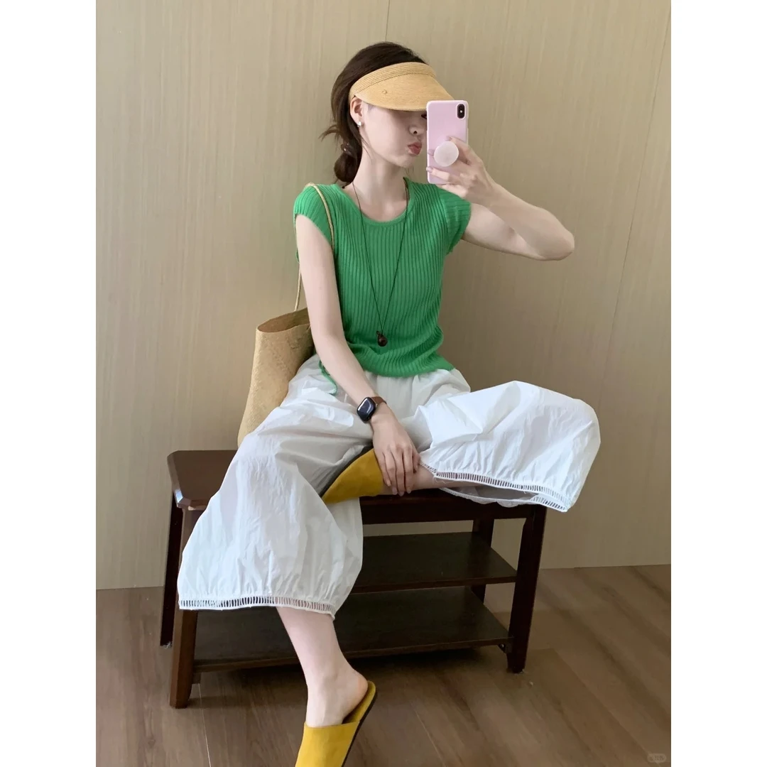 2025夏季新款设计感短袖针织衫女修身显瘦别致小众上衣裤子套装女