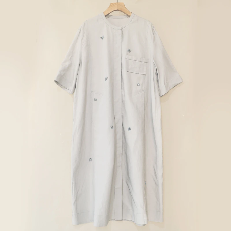 【浅灰】简约文艺钉珠设计夏季短袖圆领中长裙设计感轻奢连衣裙