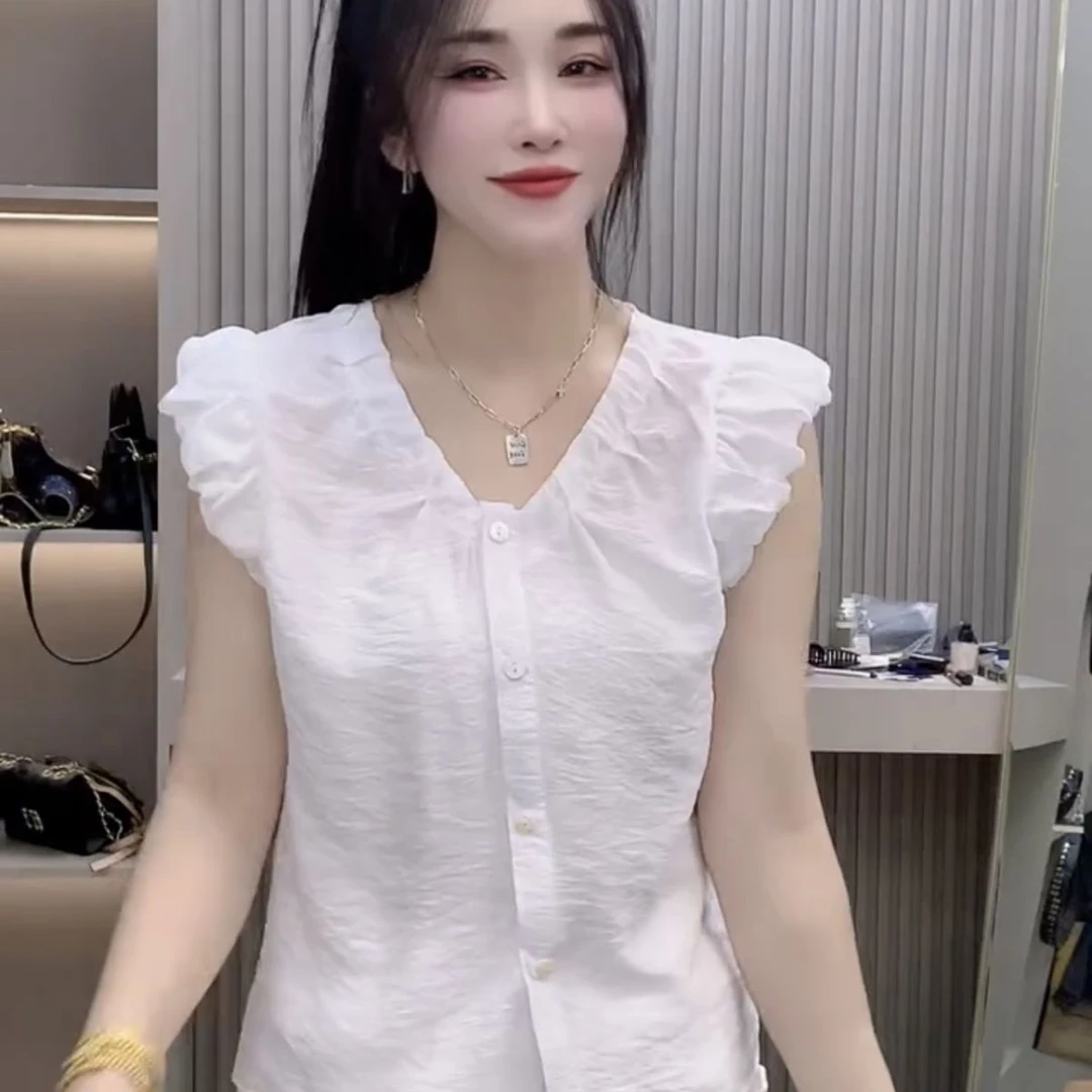 夏季洋气宽松型V领不起球薄款短袖女装衬衫纯色百搭设计感衬衣