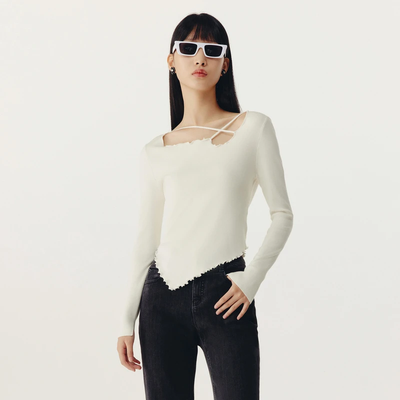 HPLY荷比俪春季新款女镂空领花边不规则针织衫HMD11650205