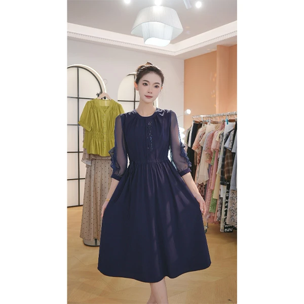 L9229 2025年夏季新款色时尚气质百搭收腰显瘦中长款连衣裙