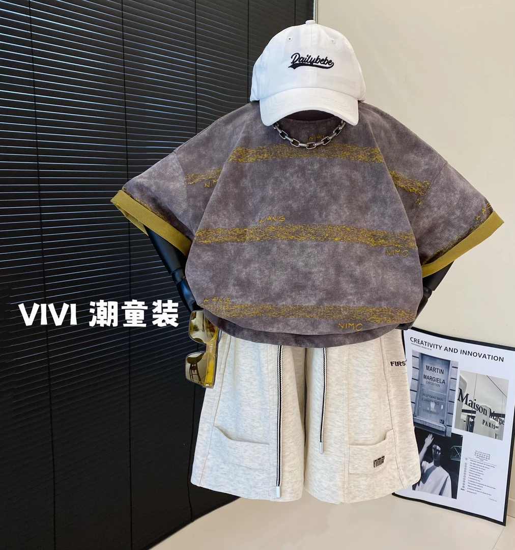 VIVI童装 2025夏季潮牌中大童条纹扎染冰爽透气短袖T恤